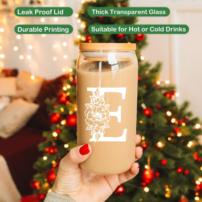 Coolife Initial Glass Cup, Monogrammed Gifts for Women, 16 oz Glass Cups w/Lids Straws, Iced Coffee, Smoothie, Beer Glass Tumbler w/Straw Lid - Personalized Christmas, Birthday Gifts for Her Mom