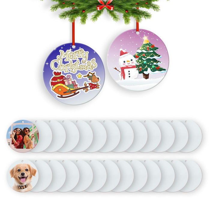 HTVRONT Sublimation Ornament Blanks 12 PCS- 3.15 Inch Sublimation Christmas Ornament Blanks Double Side with Red String - Personalized MDF Decoration Supplies for Halloween Christmas