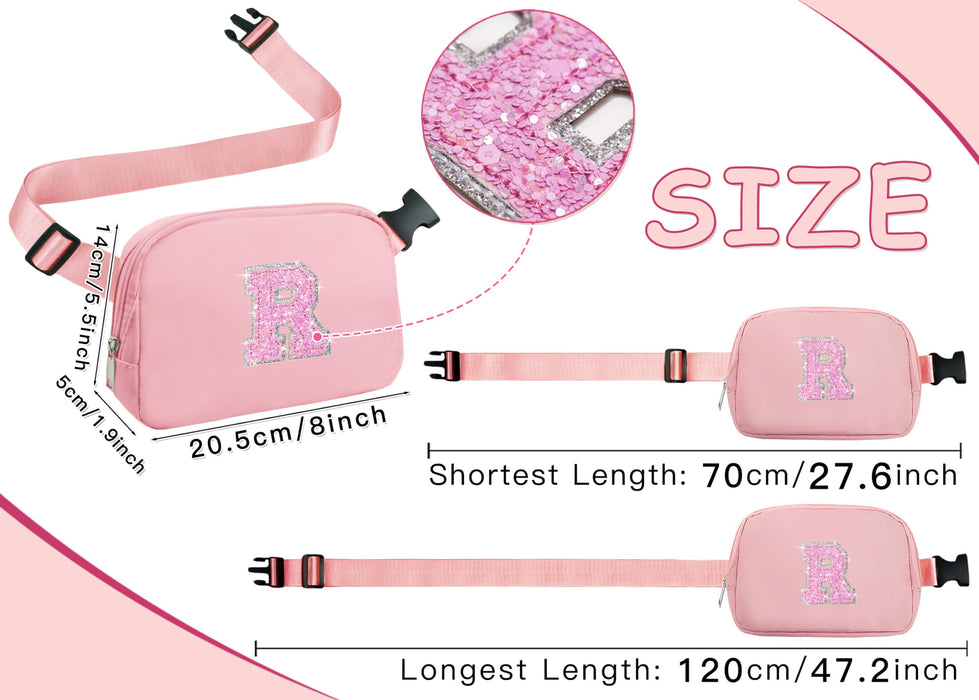 COSHAYSOO Pink Belt Bag Small Waist Fanny Pack Crossbody Purse with Initial Letter Patch for Teen Girl Granddaughter, Nylon Cross Body Travel Pouch Cute Trendy Christmas Gift (R)