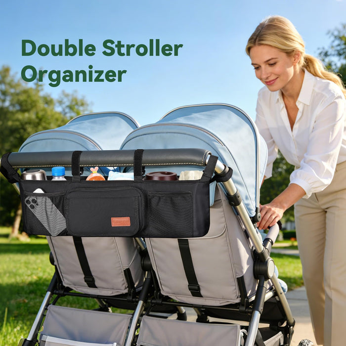 Guiseapue Double Stroller Organizer with 2 Insulated Cup Holders: Parent Console Double Jogging Stroller Accessories Fits for Baby Jogger City Mini GT2 and Jeep Double Stroller