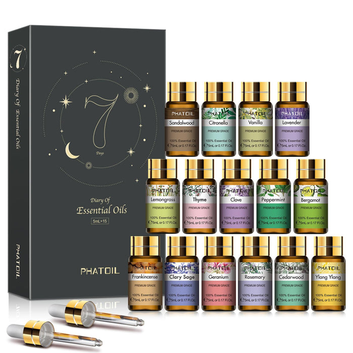 PHATOIL 15PCS Essential Oils Set - 5ml/0.17fl.oz Premium Quality Essential Oils for Diffusers, DIY Soap Candle Making, Gifts for Families and Friends