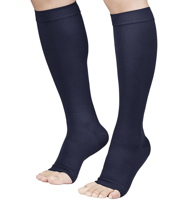 TOFLY® Compression Stockings (Pair), Graduated Compression 20-30mmHg, Opaque, Unisex, Open Toe Knee High Compression Socks for Varicose Veins, Edema, Shin Splints, Nursing, Travel, Navy Blue 3XL