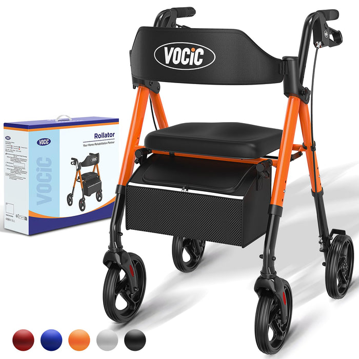 VOCIC Walkers for Seniors,Foldable Walker with Seat,Rollator Walker with Durable Aluminum,8" Big Wheels for All Terrain, Ergonomic Seat and Backrest,Dual Adjustable Height Rolling Walker| VOCIC Orange