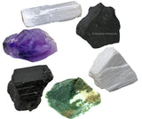 Crystals for House Protection Manifestation, Set of 6 Amethyst, Scolecite, Shungite, Black Tourmaline, Selenite and Moss Agate Healing Crystals and Stones