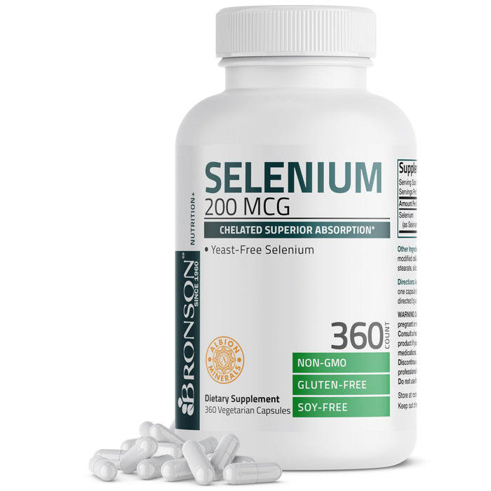 Bronson Selenium 200 mcg – Yeast Free Chelated Amino Acid Complex - Essential Trace Mineral with Superior Absorption, 360 Vegetarian Capsules