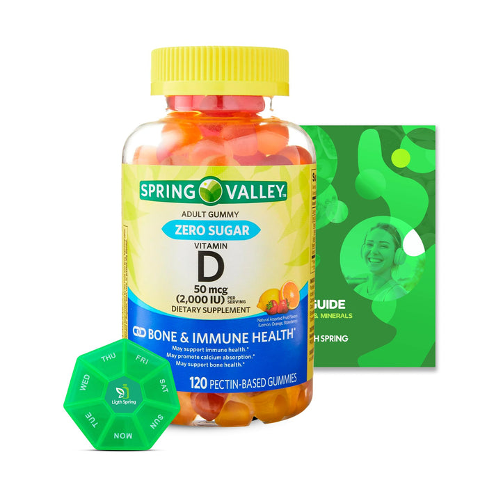 Zero Sugar Vitamin D Spring V Gummies, 50 Mcg (2,000 IU), 120 Count, Lemon, Orange & Strawberry Flavors, Supports Bone & Immune Health + Better Ligth&Spring Guide + Weekly Pill Organizer (3 Items)