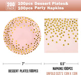 CENLBJ Pink and Gold Paper Plates and Napkins Set-200Pcs-100 x 7" Disposable Paper Plates & 100 x 6.5 Napkins,Disposable Pink Paper Plates and Napkins Party Supplies for Baby Showers,Birthdays