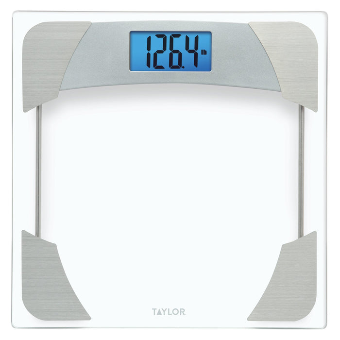 Taylor Digital Scales for Body Weight, Highly Accurate 400 LB Capacity, Unique Blue LCD, Stainless Steel Accents Glass Platform, 12.2 x 12.2 Inches, Clear