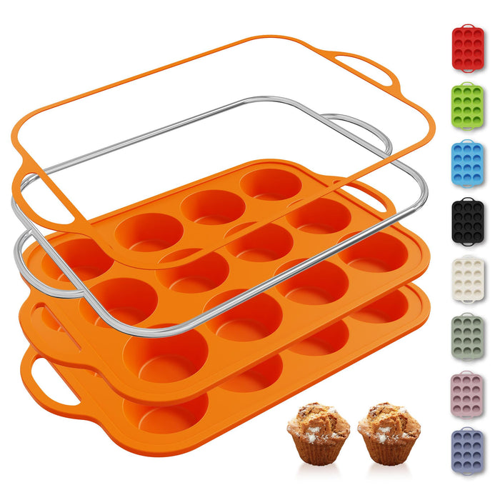 2 Packs 12 Cups Silicone Muffin Pan with Metal Reinforced Frame Regular Size Cupcake Pan Tray Egg Bites Silicone Cookie Molds Muffin Tin Tart Pans Baking Set for Easter Christmas holiday Cookie