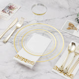 175PCS Clear Gold Disposable Dinnerware Set (25 Guests), Plastic Plates for Party, Wedding, Include: 50Plastic Plates, 25 Gold Silverware, 25 Cups, 25 Napkins