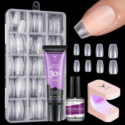 Ejiubas Short Coffin Nail Tips - Soft Gel Nail Tips with Nail Gel, Acrylic False Nails with Nail Lamp, All in One Fake Nail Extension