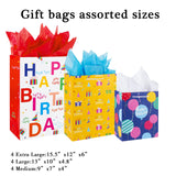 Birthday Gift Bag with Handle and Tissue Paper, 12 Pcs Gift Bags Assorted Sizes and Designs, Large, Medium, Small Size Birthday Gift Bag for Boys, Girls, 13”, 9” )