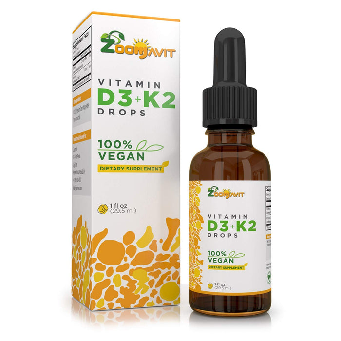 Zoomavit Vegan Liquid Drops Vitamin D3 K2 (MK7) - 100% Plant Based Liquid Vitamin D Enhanced with Coconut Oil for Max Absorption - 1 Serving = 1000 IU VIT D3 and 200 mcg VIT K2