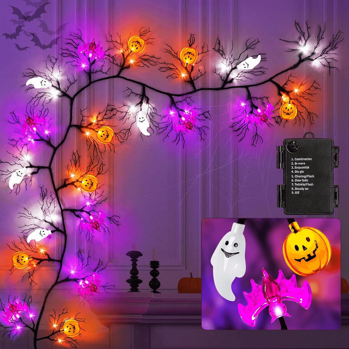 [8 Modes & Timer] 6 Ft 45 LED Halloween Willow Vine Twig Garland Decorations with 5 Pumpkin & Bat & Ghost Lights, Halloween Garland with Battery Operated for Home Indoor Wall Fireplace Mantle Decor