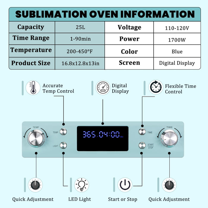 AceSubli Sublimation Oven Machine 25L 110V 1700W Blue with Digital Display, Large Capacity Convection Oven with LED Light for Sublimation Blanks Tumblers Mugs Cups Bottles Bulk Transfer with Glove