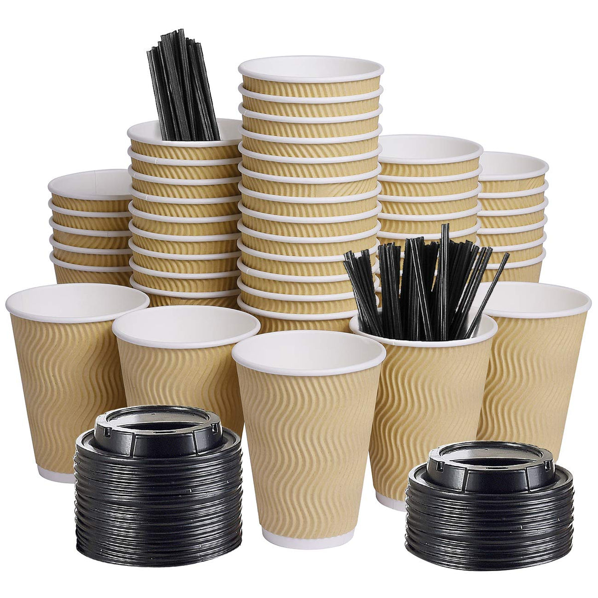 SPRINGPACK Disposable Paper Coffee Cups with Lids, 100 pack 12 oz Ripp