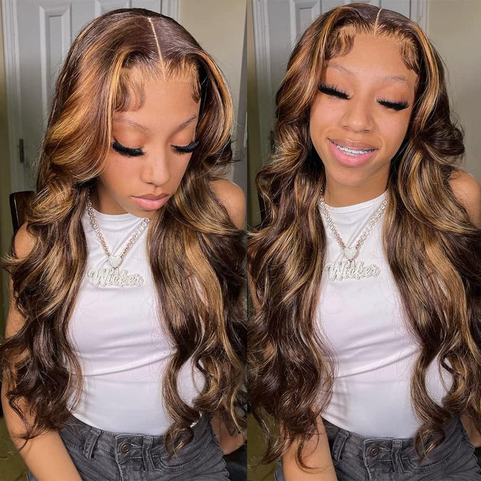 Body Wave Highlight Lace Front Wigs for Black Women 13X4X1 HD Transparent Lace Front Wigs with Pre Plucked Natrural Hairline and Baby Hair for Women (Brown Mix Blonde)