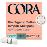 Cora 100% Organic Cotton Non-Applicator Tampons | Ultra-Absorbent, Unscented, Natural, Non-Toxic, Applicator Free | Eco-Conscious (36 R/S Tampons)