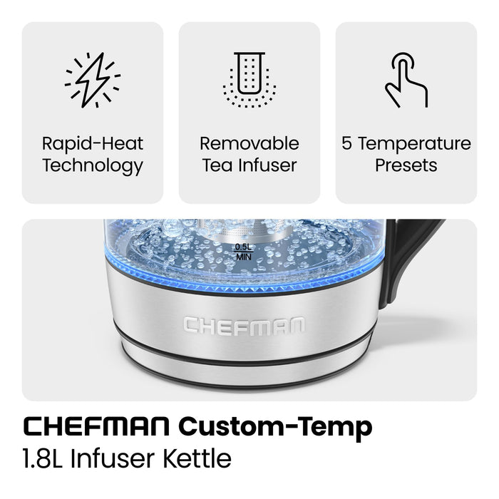 Chefman Electric Kettle with Temperature Control, 5 Presets LED Indicator Lights, Removable Tea Infuser, Glass Tea Kettle & Hot Water Boiler, 360° Swivel Base, BPA Free, Stainless Steel, 1.8 Liters