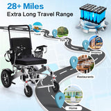 28+ Miles Long Travel Range, Electric Wheelchair for Adults Lightweight Foldable, All Terrain Motorized Power Wheelchair for Seniors Portable, Airline Approved