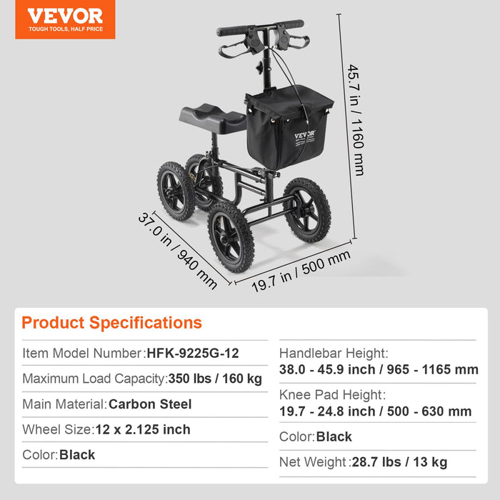 VEVOR Folding Knee Scooter, Carbon Steel Steerable Knee Walker with Height-Adjustable Handlebar & Knee Pad, 12" All-Terrain Wheel, Dual Brakes, Leg Recovery Scooter for Injured Ankle Foot Knee, 350LBS