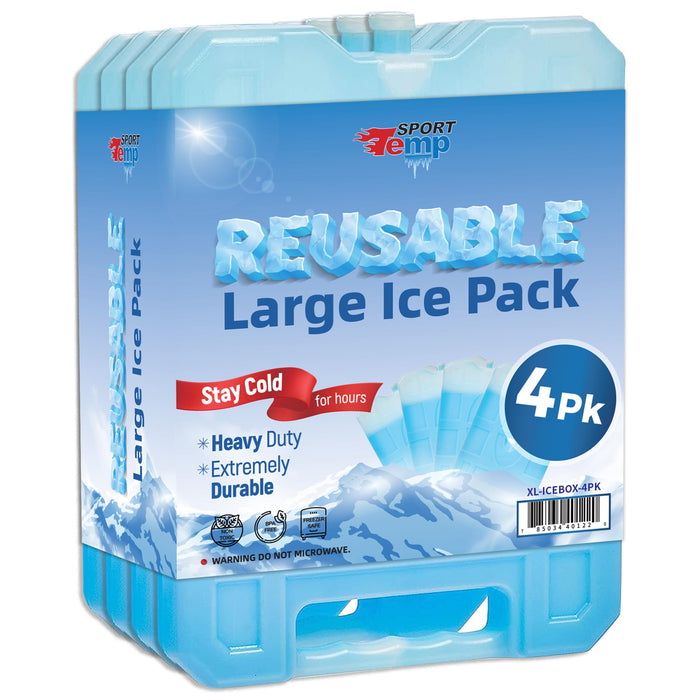 Sport Temp Reusable X-Large Ice Pack (4Pack) Long Lasting - Perfect for Keeping Food Or Beverages Cold, Coolers, Camping, Beach Coolers, Hiking & More, Clear Blue