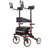 ELENKER Upright Rollator Walker, Stand Up Rolling Walker, Mobility Walking Aid with 10” Front Wheels, Seat and Armrest for Seniors and Adults, Red