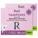 Rael Tampons, Compact Applicator Tampon Made with Organic Cotton - Tampons, Super Absorbency, BPA-Free, Chlorine Free, Leak Locker Technology (36 Count, Super)