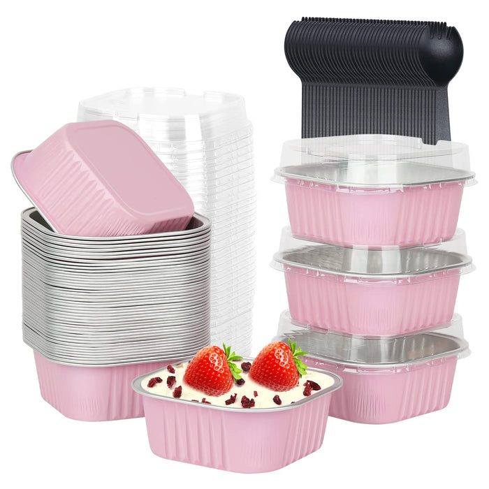 LNYZQUS 10oz Mini Cake Pans With Lids 40 Pack, Aluminum Foil Square Brownie Baking Cups,Disposable 4”x4” Large Cupcake Pan,Jumbo Muffin Tin Ramekins Holders-Pink