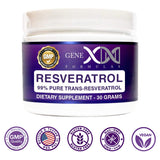 GENEX Trans Resveratrol 1000mg Serving 99% Pure Micronized Pharmaceutical Grade Trans-Resveratrol Powder 30 Servings or 30Grams 1Gram Per Day 30-Day Supply Made in a GMP & NSF Certified Facility