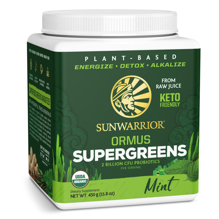 Sunwarrior Vegan Organic Greens Probiotic Powder | 2 Billion CFU Probiotics Organic Raw Juice Soy Free Gluten Free Dairy Free Sugar Free Kosher | Mint 90 Servings | Ormus Supergreens