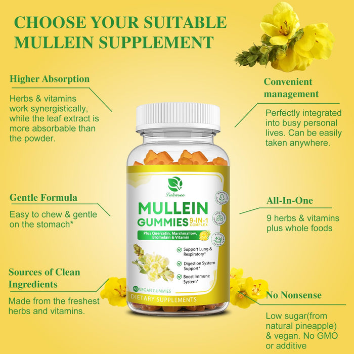 (2 Pack) 9 in 1 Mullein Gummies for Lung Cleanse, Extra Strength 10000 MG(10:1 Extract) Mullein Leaf Extract w/Quercetin, Bromelain, Elderberry & Marshmallow for Respiratory, Immune, Vegan,120 Count