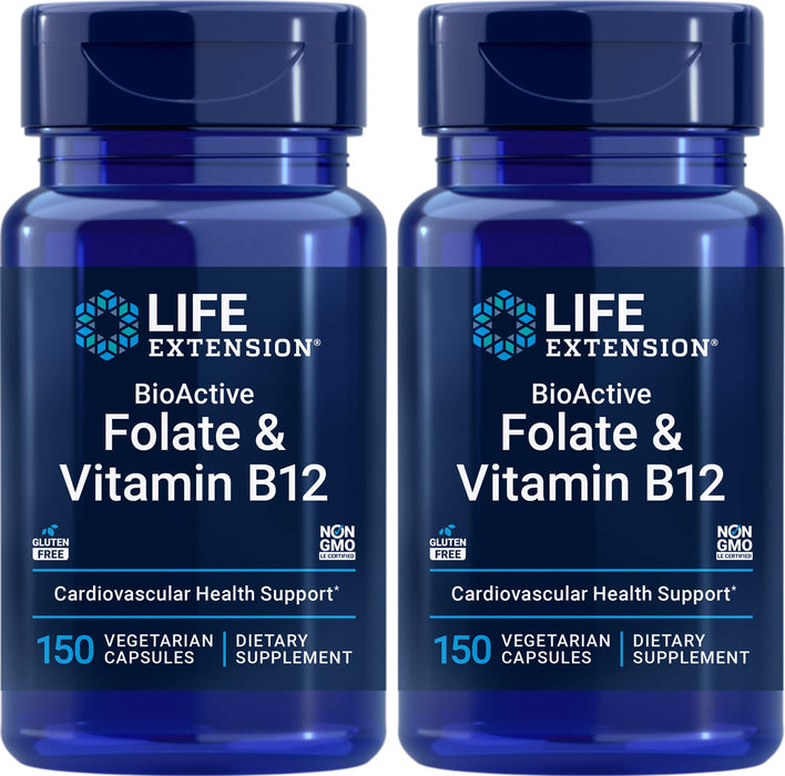 Life Extension BioActive Folate & Vitamin B12, 150 Vegetarian Capsules (Pack of 2) B-9 L Methyl Folic Acid (5-MTHF) & B-12 Cofactor Veg Caps - Non GMO, Gluten Free B9 Supplement