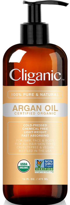 Cliganic Organic Argan Oil 16oz with Pump, 100% Pure | Bulk for Hair, Face & Skin