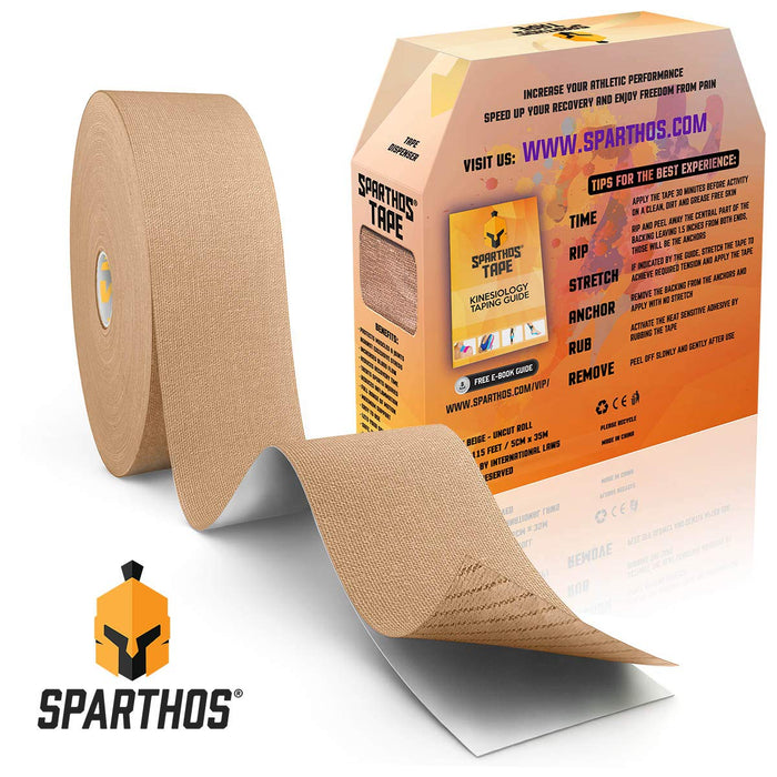 Sparthos Kinesiology Tape - Bulk Large Jumbo - Free Kinesio Taping Guide! - Support for Pro Athletic Sports and Recovery - Rocktape Waterproof Tex Rock Gold Tapes - Uncut 115 ft Roll (Beige)