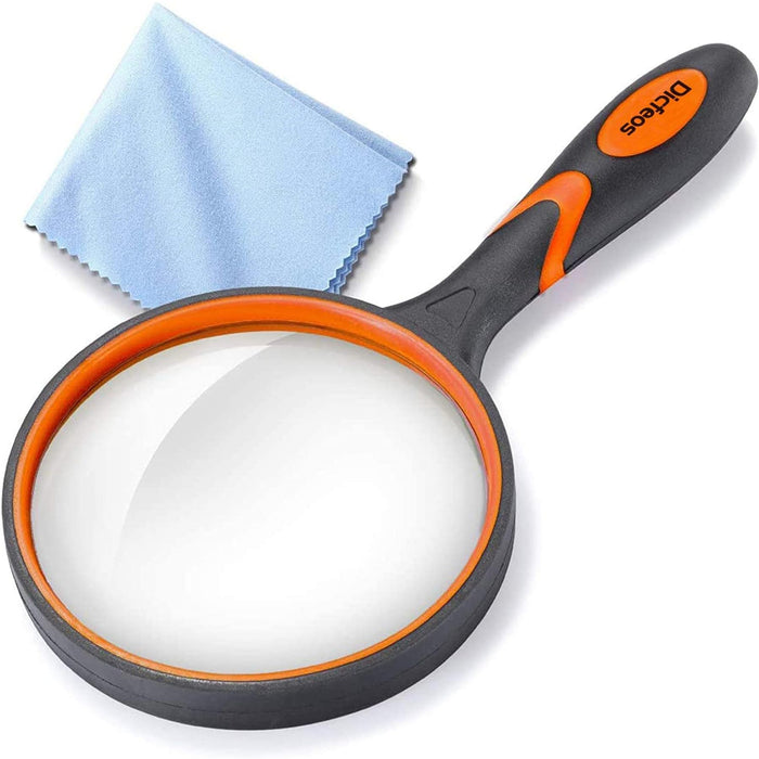 DICFEOS Magnifying Glass 10x Handheld Reading Magnifier with Cleaning Cloth - 100MM Large Magnifying Lens with Non-Slip Soft Handle for Seniors Book Newspaper Reading and Kids Nature Hobby Exploration