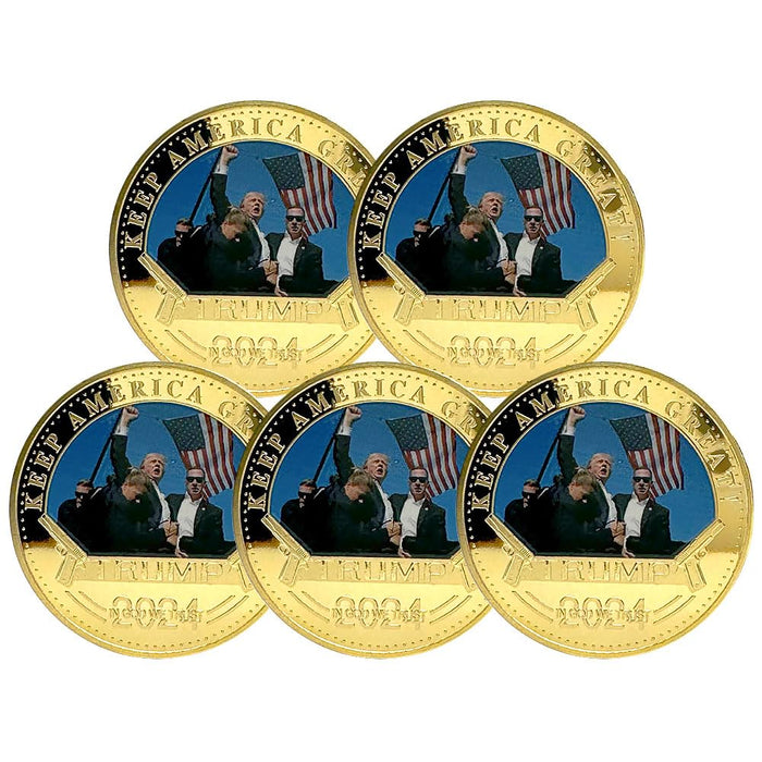 5 Pcs Donald Trump Assassinated Challenge Coins 2024 - Gold Shooting Collection Coin with Colored Fighting Image, Trump Fighting for America, Presidential Novelty Medal Coin