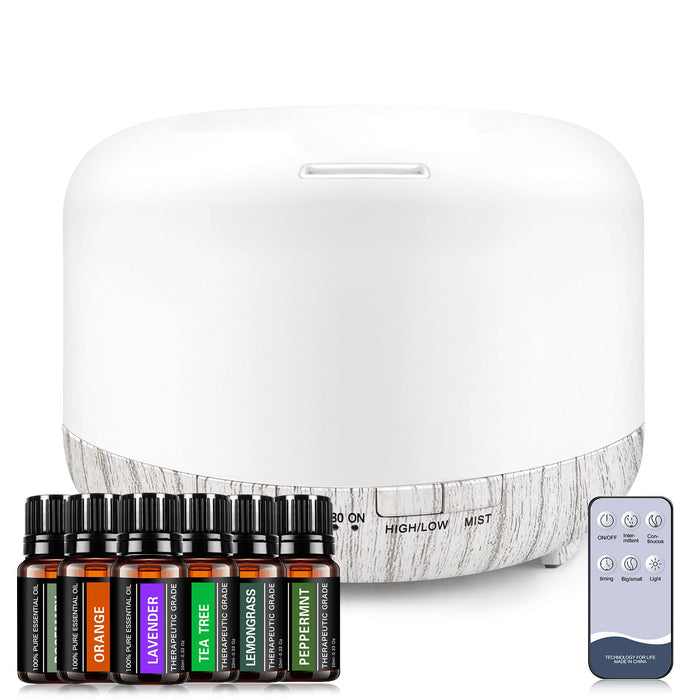 YIKUBEE Essential Oil Diffuser with Essential Oils Set, 6x10mL Essential Oils for Diffusers for Home, 500ml Humidifier with Remote Control, Aromatherapy Diffusers for Essential Oils Large Room