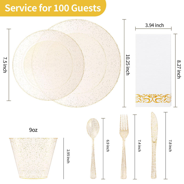 Goodluck 700 Piece Gold Glitter Dinnerware Set for 100 Guests, Plastic Plates Disposable for Party, Include: 200 Plastic Plates, 100 Paper Napkins, 100 Cups, 100 Glitter Silverware Set