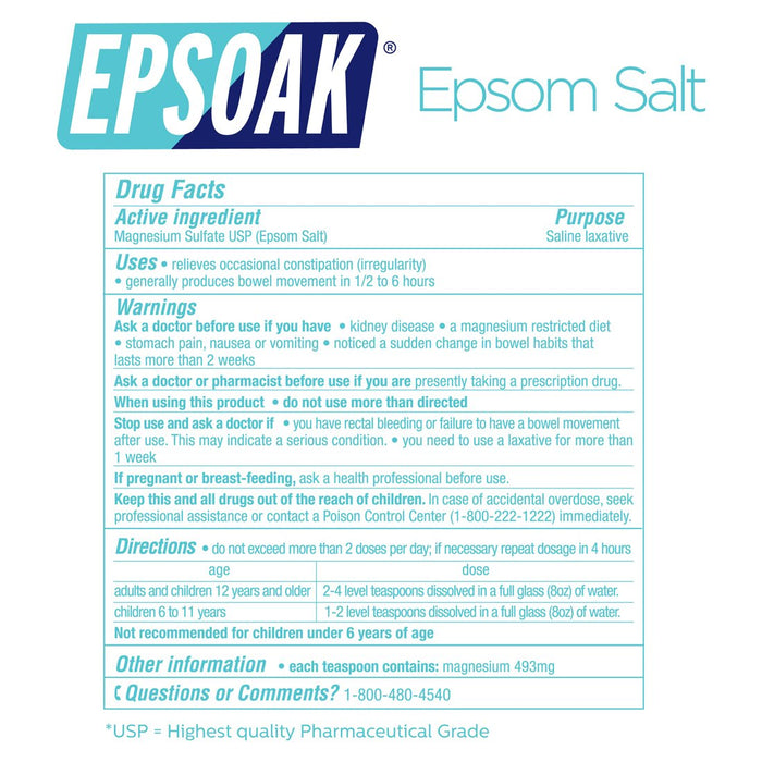 Epsoak Epsom Salt 19 lb. Magnesium Sulfate USP. Resealable Epsom Salt Bag Unscented, Made in The USA, Cruelty-Free Certified