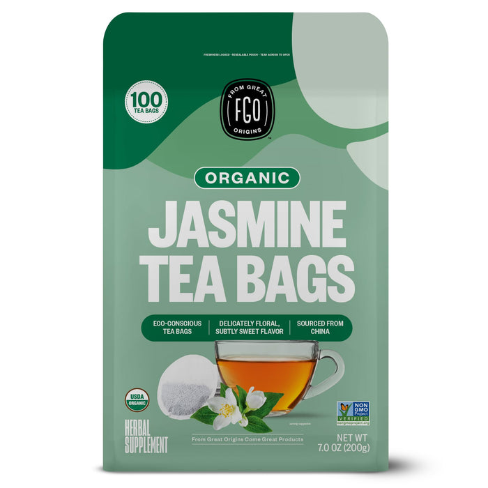 FGO Organic Jasmine Green Tea, 100 Count, Eco-Conscious Tea Bags, Resealable Bag, Packaging May Vary (Pack of 1)