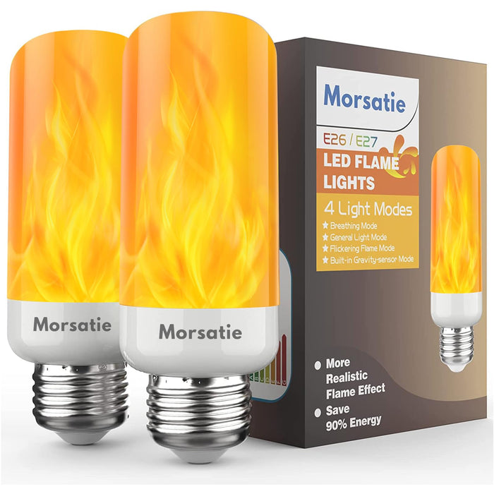 【Upgraded】Morsatie LED Flame Light Bulbs, 4 Modes Flickering Light Bulbs with Upside Down Effect, E26/E27 Fire Light Bulb for Halloween, Christmas, Party, Porch, Patio, Indoor Outdoor Decoration-2Pack