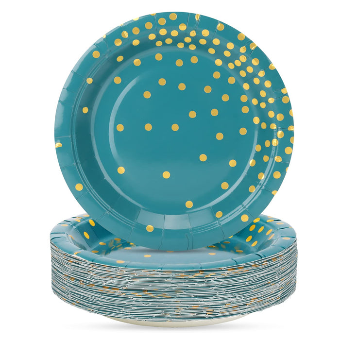 CENLBJ Blue Green Gold Paper Plates,100 Pack Gold Dots Party Paper Plates,Disposable Party Supplies Dessert Paper Plates for Father's Day,Independence Day,Birthday,Picnics(7Inch)