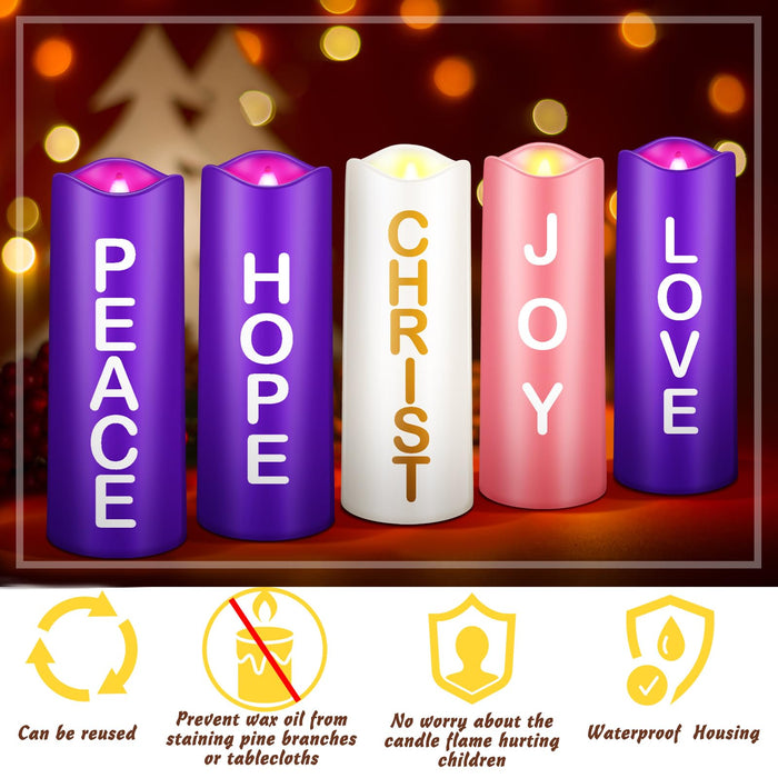 Mudder 5 Pcs Christmas Advent Pillar Candles LED Flameless Advent Candle Set Christmas Candles with Words Hope Peace Love Joy Christ Purple Pink White Pillar Candles for Church Wreath Rituals