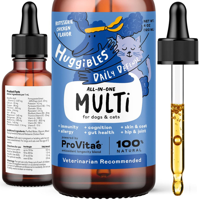 HUGGIBLES All-in-One Multi Liquid Multivitamin for Dogs and Cats – Daily Supplement with Digestive, Immunity, Allergy & Skin & Coat Support, Mobility Support – Antioxidant Blend for Longevity, 2oz