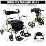 WINLOVE 2 in 1 Rollator Walkers for Seniors with Padded Seat- Medical Transport Chair Walker with Adjustable Handle and Reversible Backrest(Champagne)