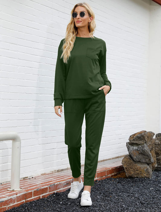 Bofell Lounge Sets for Women Casual 2 Piece Outfits Christmas Pajamas Long Sleeve Green L