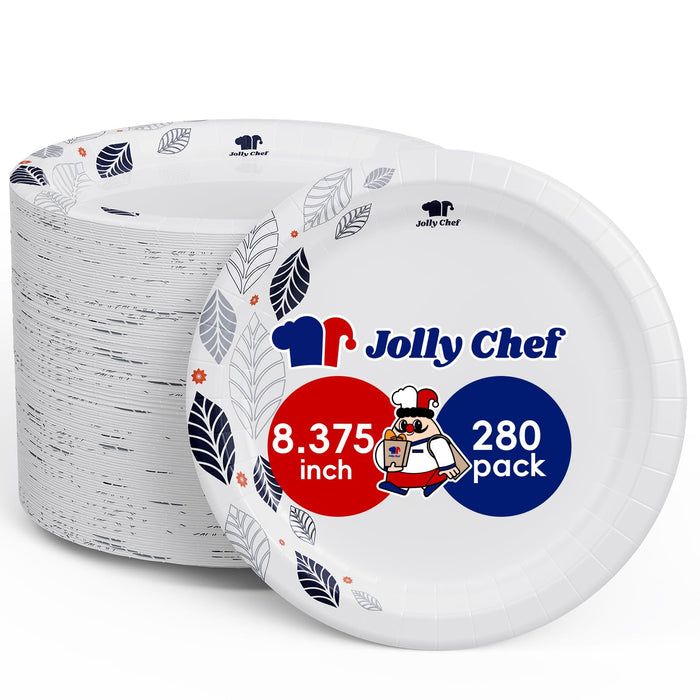 JOLLY CHEF 280 Count Paper Plates 8 inch Soak Proof, Cut Proof, Heavy Duty Leaf Printed Disposable Paper Plates for Everyday Use