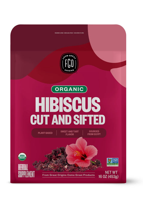 FGO Organic Hibiscus Flowers, Cut and Sifted, 16oz Bulk Resealable Bag, Packaging May Vary (Pack of 1)