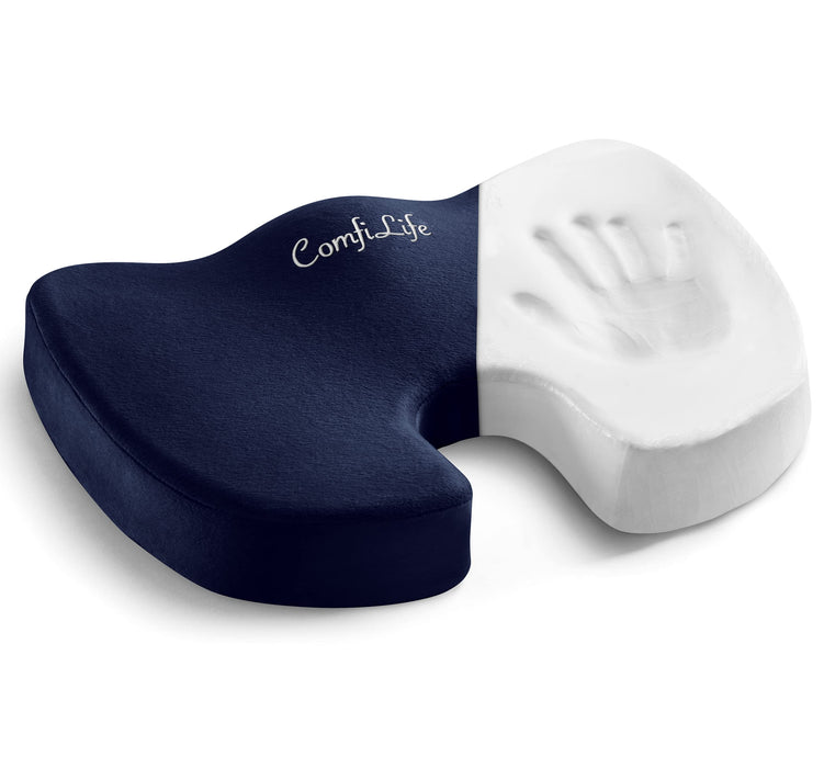 ComfiLife Premium Comfort Seat Cushion - Non-Slip Orthopedic 100% Memory Foam Coccyx Cushion for Tailbone Pain - Cushion for Office Chair Car Seat - Back Pain & Sciatica Relief (Navy)